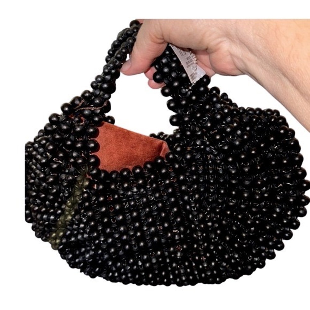 Aranaz Lagrima Wood Beaded Tote Hand Bag Black Handmade Art NWT $270msrp - Picture 2 of 4